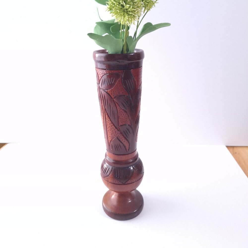 Vintage Hand Carved Wooden Pedestal Vase With Flower/Leaf